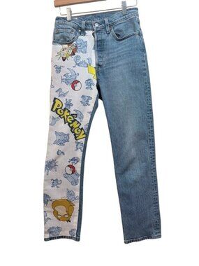 Custom Reworked 1-of-1 Levi's 501 Crop Jeans Pokémon Graphic Leg W26 L26.5 Upcyc